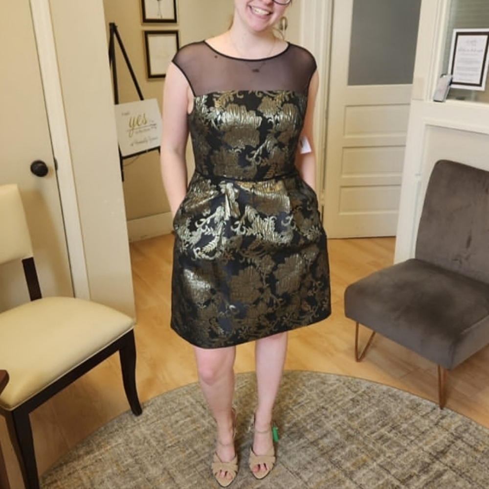 Size 10 black & gold illusion sleeveless flare cocktail dress by Adrianna Papell
